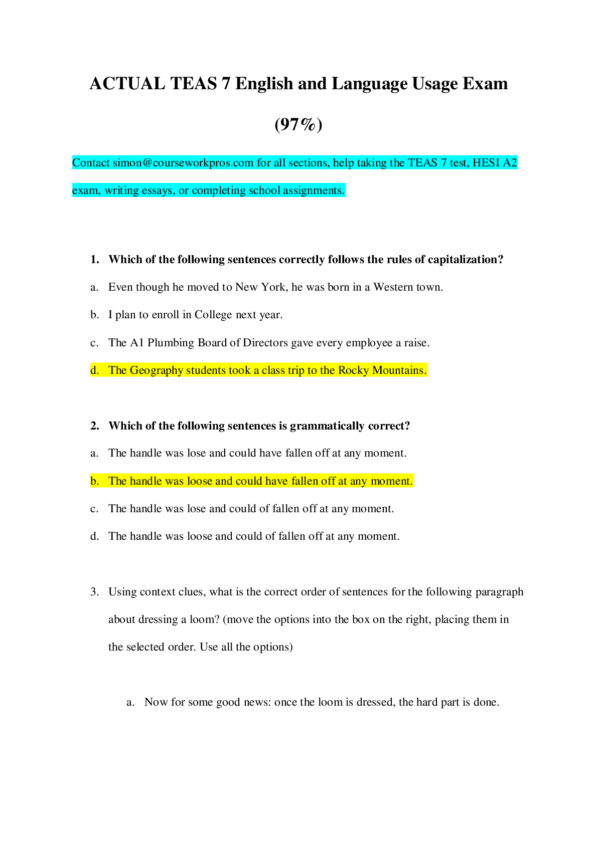 Preview image for ACTUAL TEAS 7 English and Language Usage Exam  (97%)